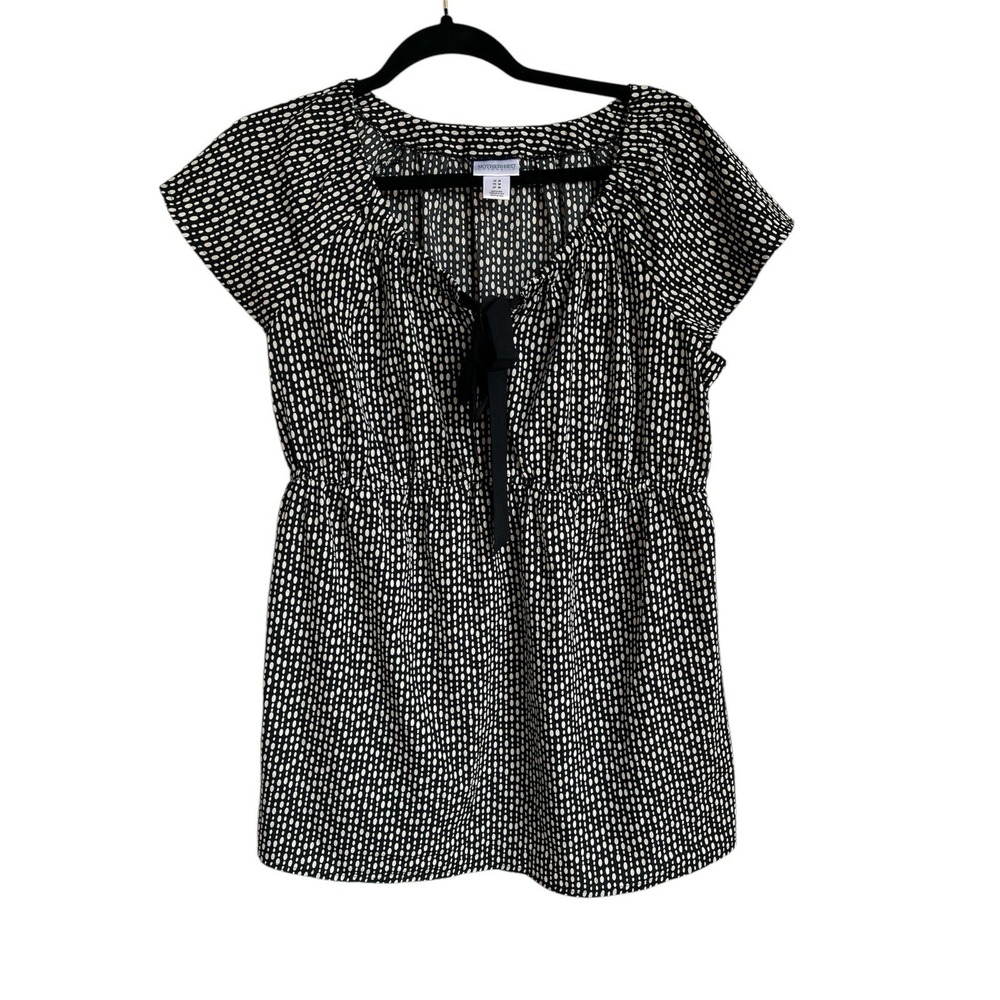 Motherhood Maternity Babydoll Top Womens Medium Black Short Sleeve Blouse BowTie
